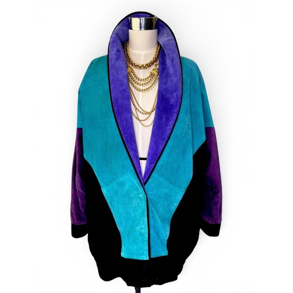 Mary Hoffman Jackets & Blazers - Rare Vintage Mary Hoffman Black, Teal, Purple Suede Color Block Suede Jacket M